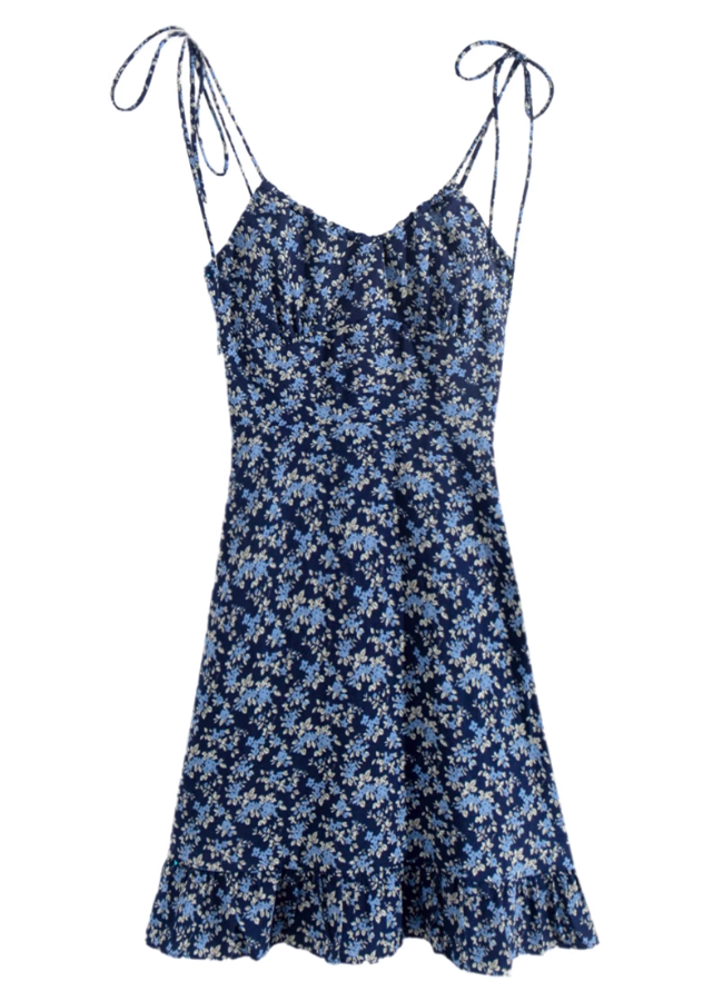 2025 Summer New Blue Floral Vacation Petite Short A-line Suspender Dress R0935