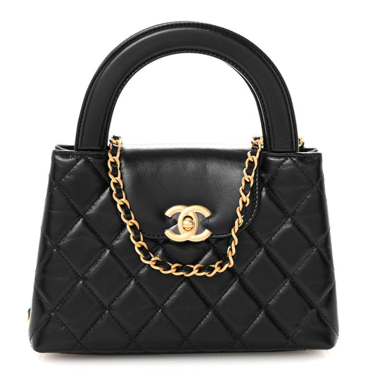 Shiny Aged Calfskin Quilted Nano Kelly Shopper Black