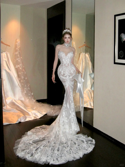 Elegant Glittering Beaded Sequined Applique Sweetheart Design Mermaid Wedding Dress Prom Dress Evening Dress TP4231
