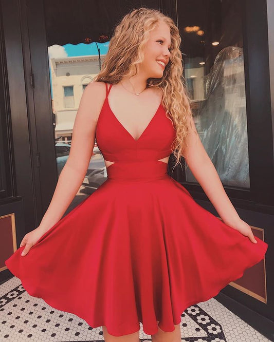 PM274,A-Line Homecoming Dresses,Red Homecoming Dress,V-Neck Graduation Dresses