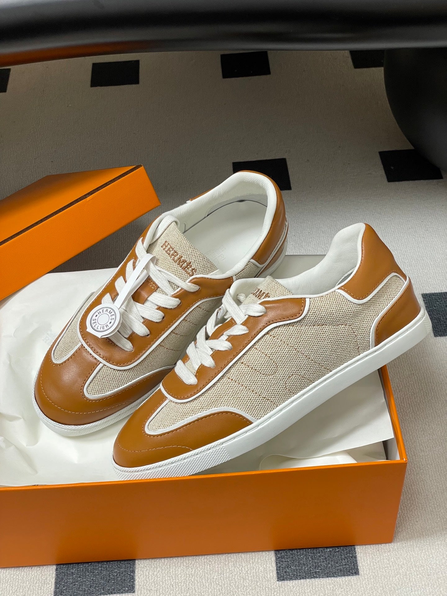 Hermes 26 Match Sneakers Brown Beige in Calfskin 594337