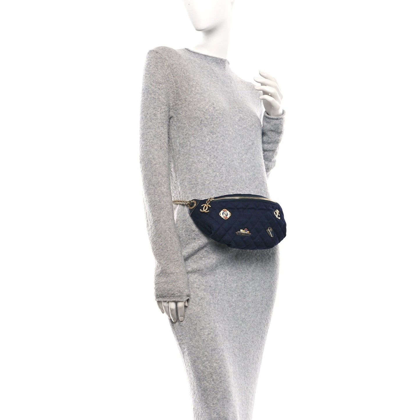 Wool Lambskin Quilted Paris Hamburg Charms Waist Bag Dark Navy
