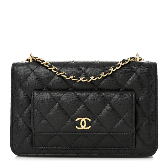 Caviar Quilted Pocket Clutch With Chain WOC Black