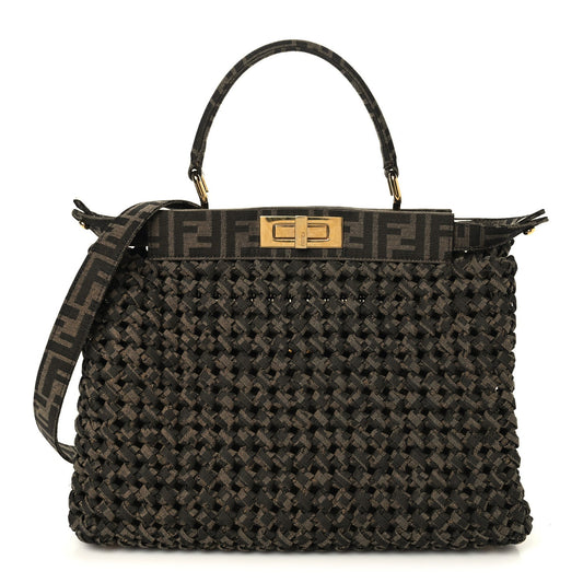 Fabric Jacquard FF 1974 Woven Knotted Medium Peekaboo Iconic Satchel Tobacco Moro
