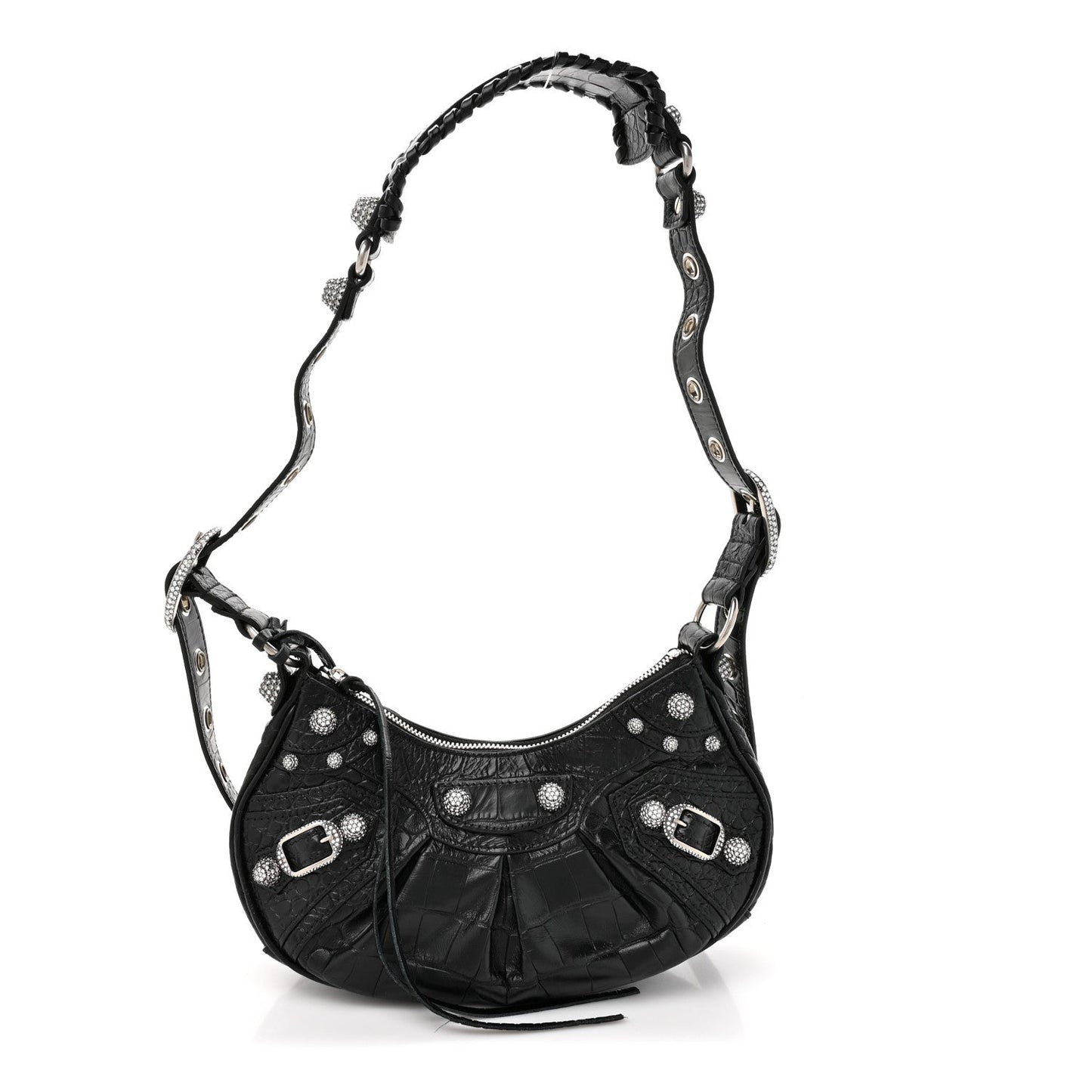 Extra Supple Calfskin Crystal Crocodile Embossed Le Cagole Shoulder Bag XS Black