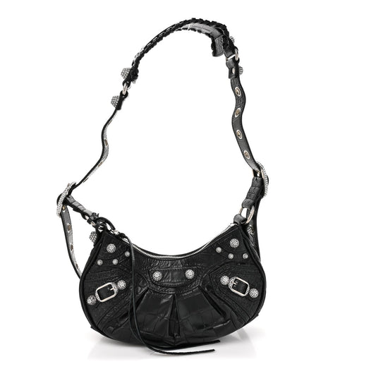 Extra Supple Calfskin Crystal Crocodile Embossed Le Cagole Shoulder Bag XS Black