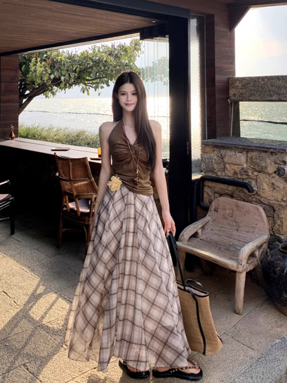 Fairy temperament outfit a complete set of halter neck small vest plaid large swing skirt two-piece suit R1705