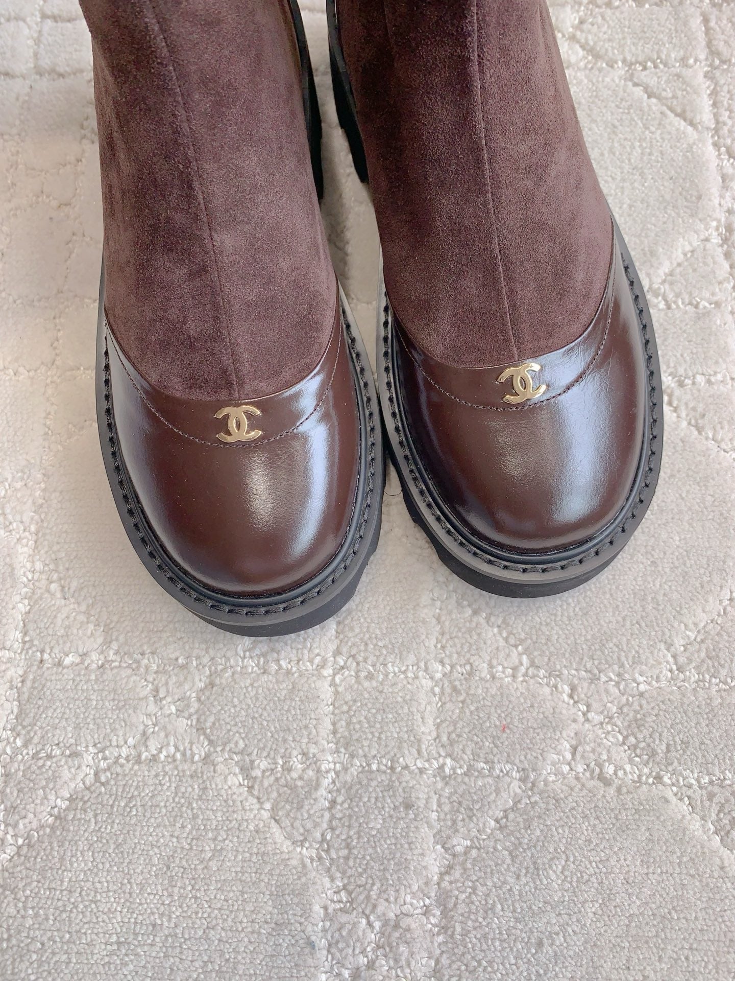 CC New Platform Ankle Boots Dark Burgundy Suede Glossy Sheepskin