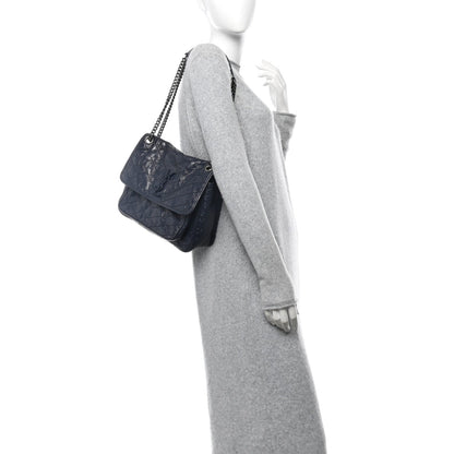 Crinkled Calfskin Matelasse Monogram Medium Niki Chain Satchel Deep Marine