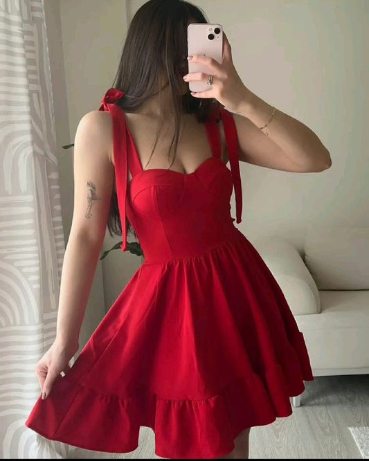 Red suspenders tie waist slim skirt homecoming dress R3279