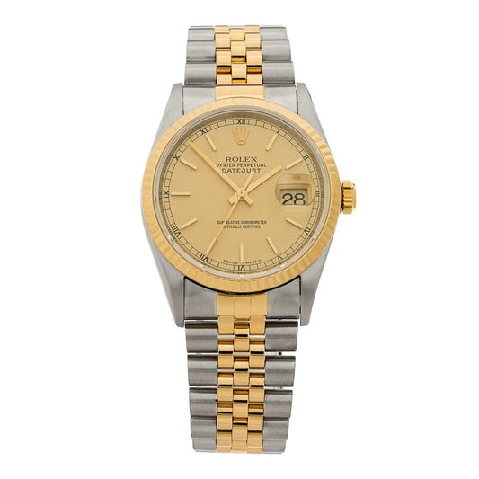 Stainless Steel 18K Yellow Gold 36mm Oyster Perpetual Datejust Watch Champagne Linen 16233