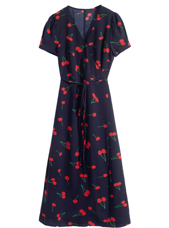2025 Summer New Black V-neck Short Sleeve Cherry Print Wrap Long Dress R0920