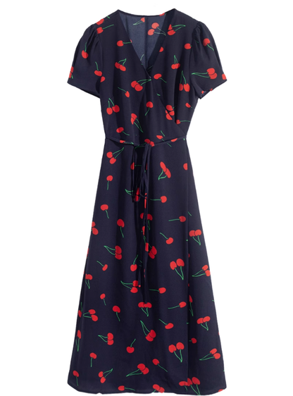2025 Summer New Black V-neck Short Sleeve Cherry Print Wrap Long Dress R0920