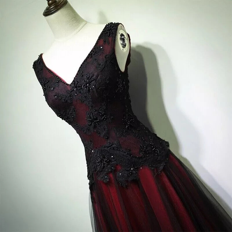 Gorgeous Black And Red V-Neckline Tulle Beaded Prom Dress, Long Evening Gown    fg1880
