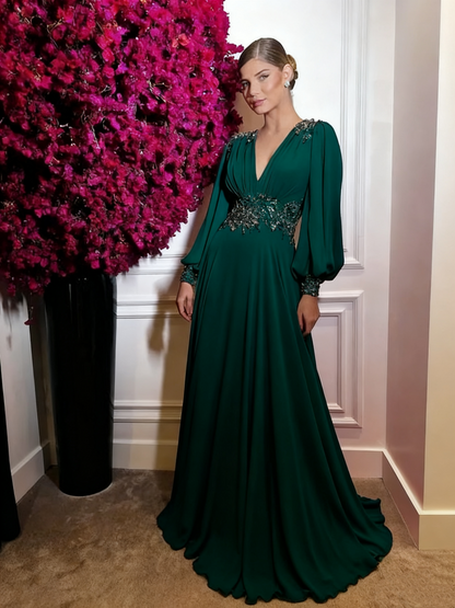 Fuchsia Chiffon Prom Dresses Simple Evening Dress Long Puff Sleeves V Neck Slit A Line Party Gowns