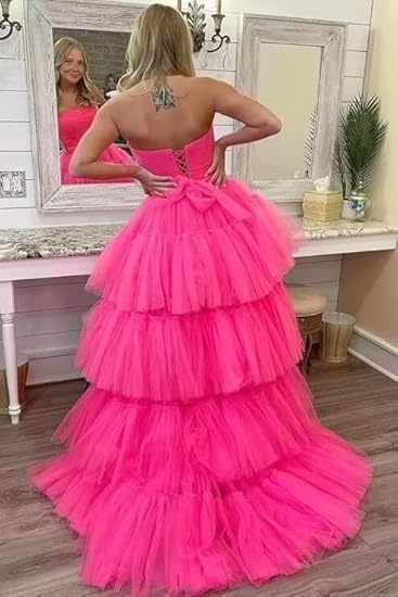 Hot Pink Strapless High Low Formal Gown,Tulle Prom Evening Dresses    fg538