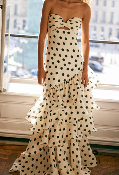Vintage Polka Dot Strapless Long Prom Dress Sweetheart Ruffle Tiered Formal Dress TP4602