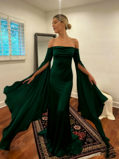 Wedding Dresses Soft Satin Long Floor Length Open Back Simple Bridal Gown With Detachable Flare Sleeves