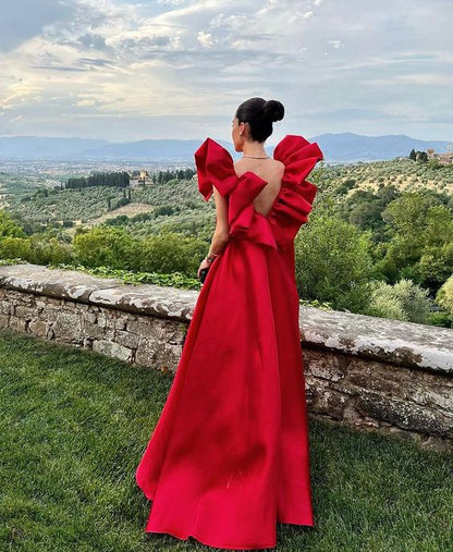 Vintage Red A-Line Prom Dress Long V-neck Evening Dress Satin Ruffles Formal Dress TP4577
