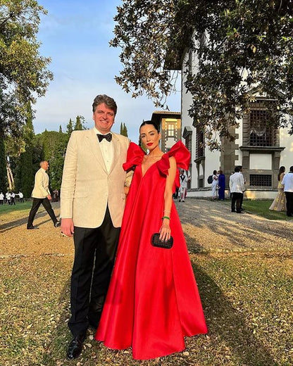 Vintage Red A-Line Prom Dress Long V-neck Evening Dress Satin Ruffles Formal Dress TP4577