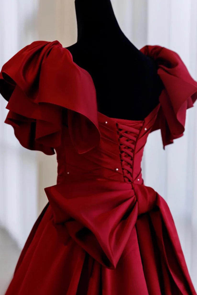 Gorgeous Burgundy V-neck Satin Puffy Sleeves Beading Sweet 16 Quinceanera A-Line Evening Dress Ball Gown TP4332
