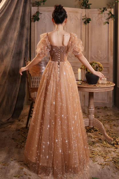 Elegant Champagne Evening Dresses Female Lanturn Sleeves Bow Lace Up Long French Style Ball Gowns C1945