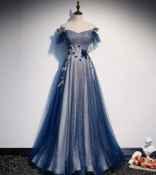 Shiny tulle sequins long prom dress blue evening dress s102