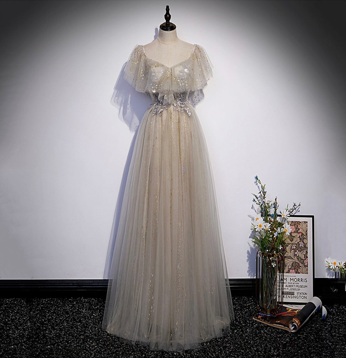 Cute tulle sequins long prom dress evening dress s60