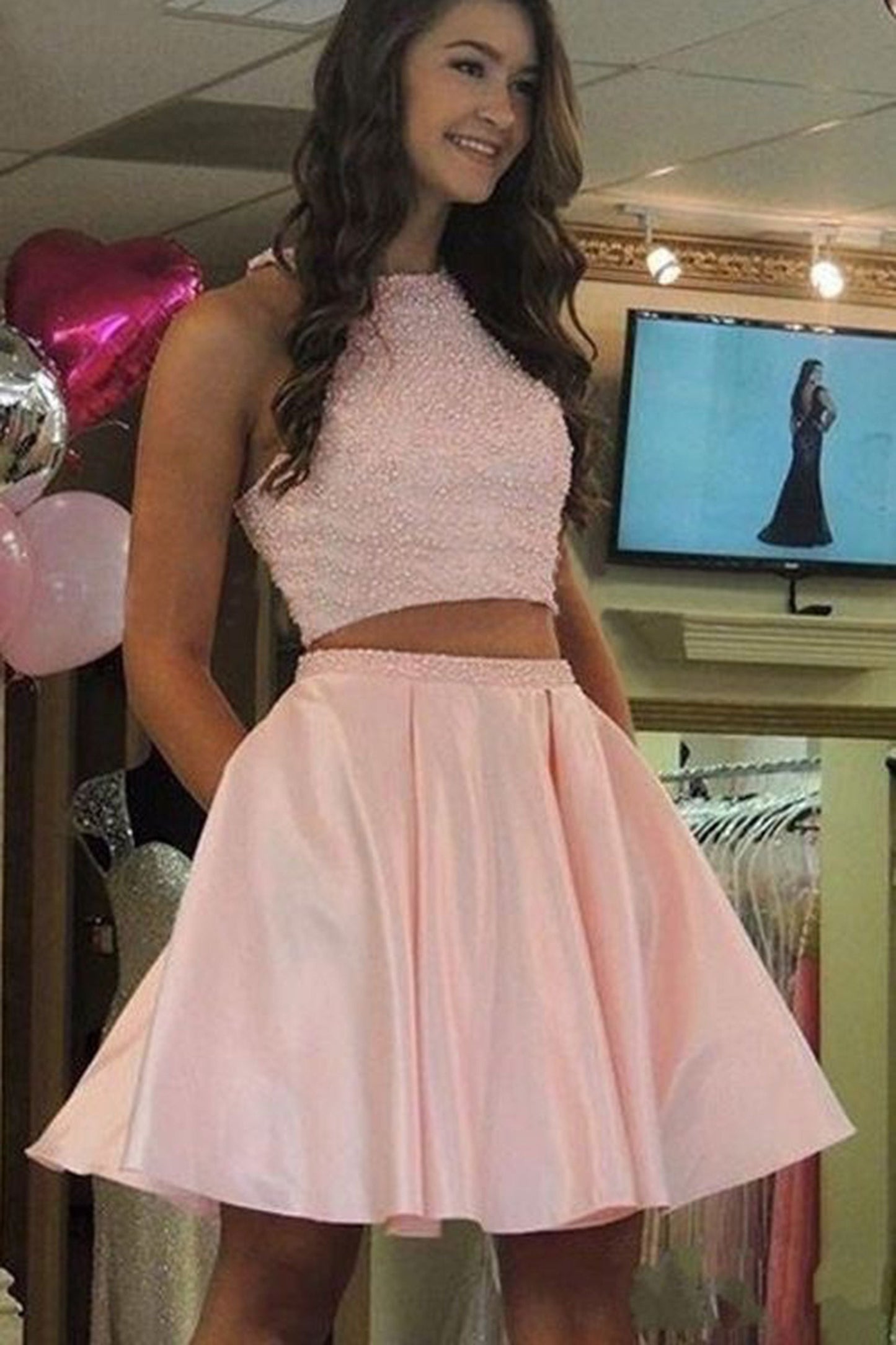PM292,Two Pieces Homecoming Dresses,Beaded Graduation Dress
