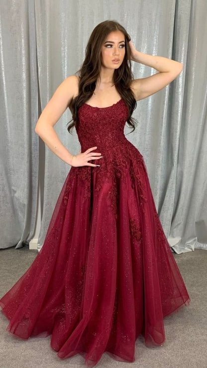 Burgundy tulle lace long prom dress A line evening dress Y1434