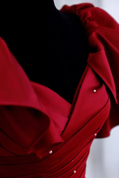 Gorgeous Burgundy V-neck Satin Puffy Sleeves Beading Sweet 16 Quinceanera A-Line Evening Dress Ball Gown TP4332