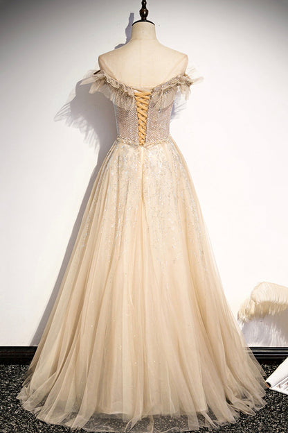 Champagne tulle beads long prom dress formal dress s73