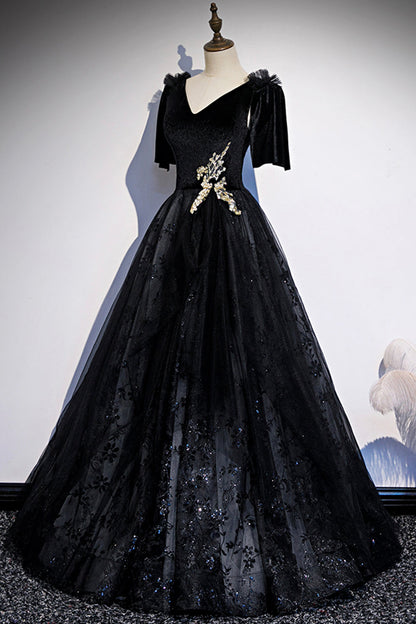 Black velvet lace long prom dress evening dress s103
