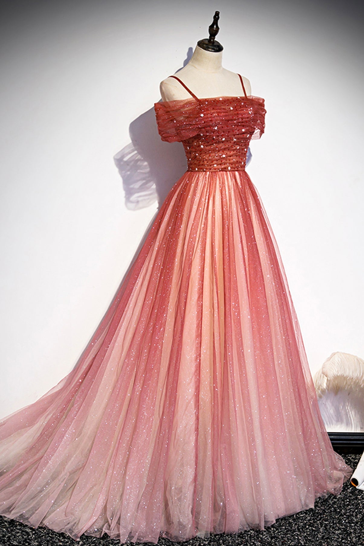 Burgundy tulle long A line prom dress evening dress s75