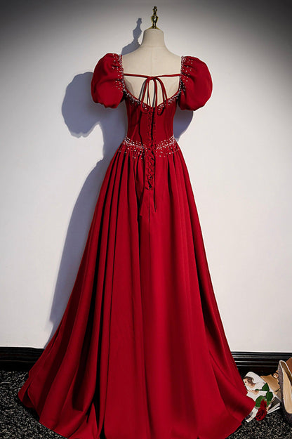 Burgundy A-line satin long prom dress evening dress s85