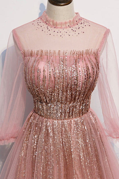 Pink tulle sequins long prom dress pink evening dress s109