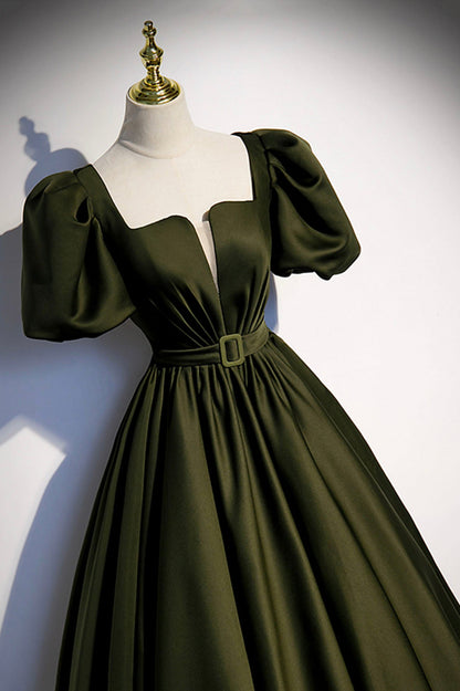 Green satin long prom dress A-line evening dress s87