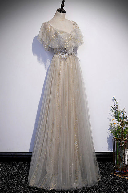 Cute tulle sequins long prom dress evening dress s60