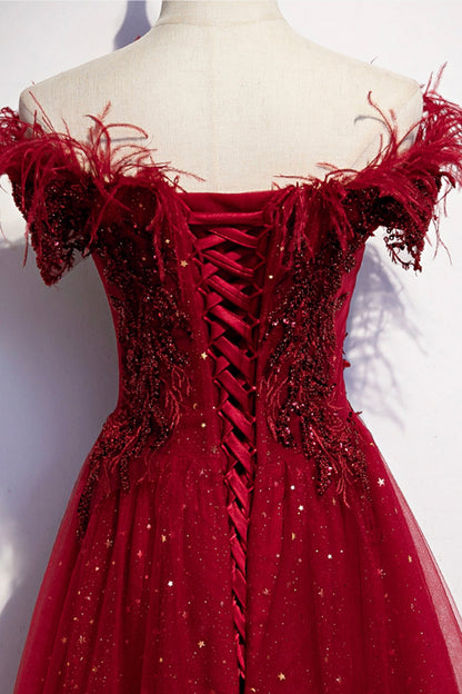 Burgundy tulle sequins long A line prom dress evening dress s69
