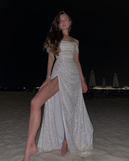 PM351,Glitter Off The Shoulder Long Prom Dresses,Sparkle Bling Split Prom Evening Dresses