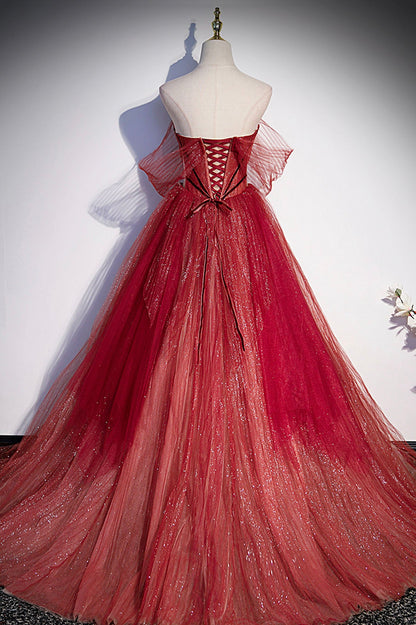 Burgundy tulle sequins long prom dress A line evening gown s55