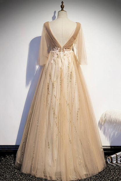 Champagne v neck lace long prom dress A line evening dress s77