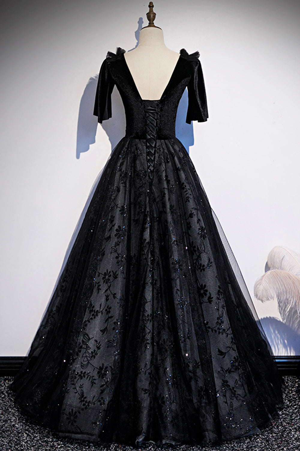 Black velvet lace long prom dress evening dress s103