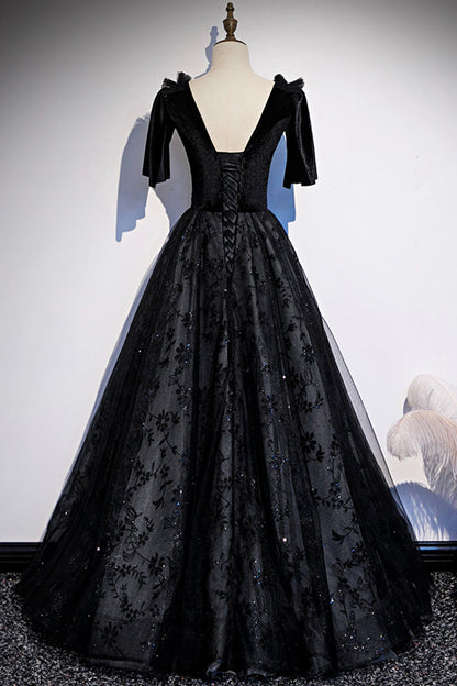 Black velvet lace long prom dress evening dress s103