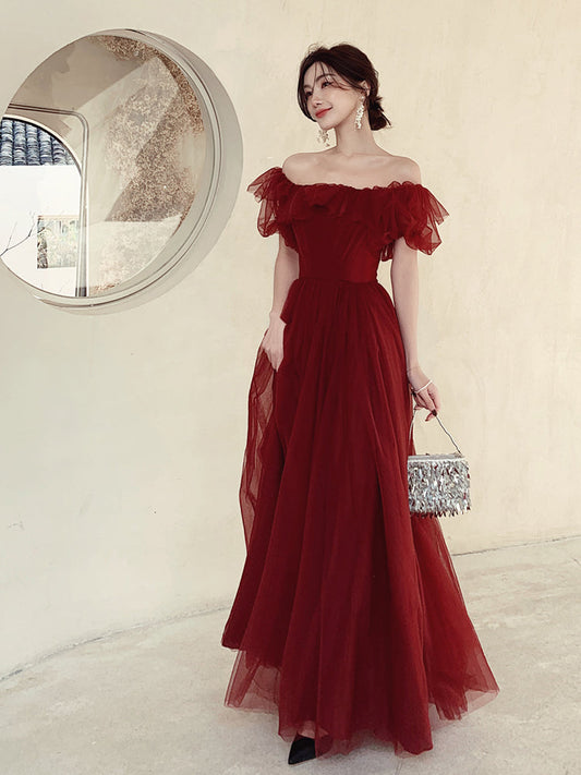 Dark Red Long Formal Gown, Off Shoulder Dark Red Prom Dress Y1653