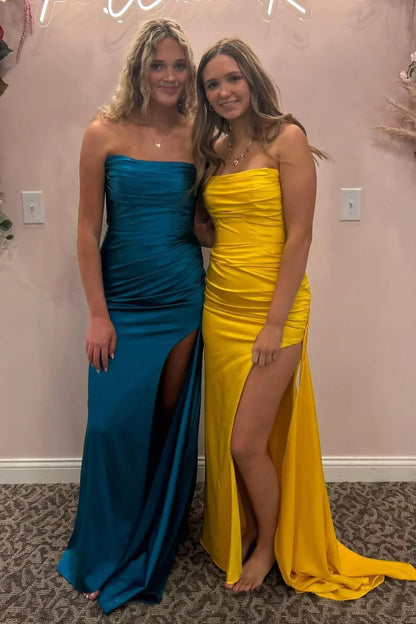 Mermaid Ruched Red Senior Prom Dress With Slit Strapless