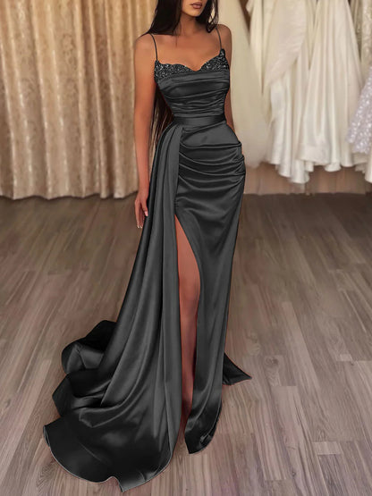 Spaghetti Straps Red Satin Long Prom Dresses