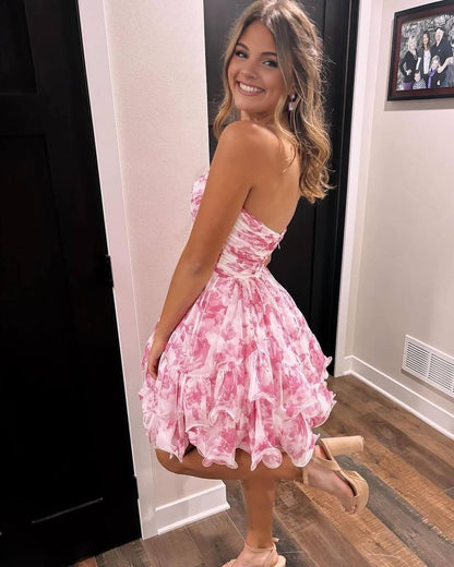Cute Floral Print Short Birthday Gown Open Backs Cocktail Dresses