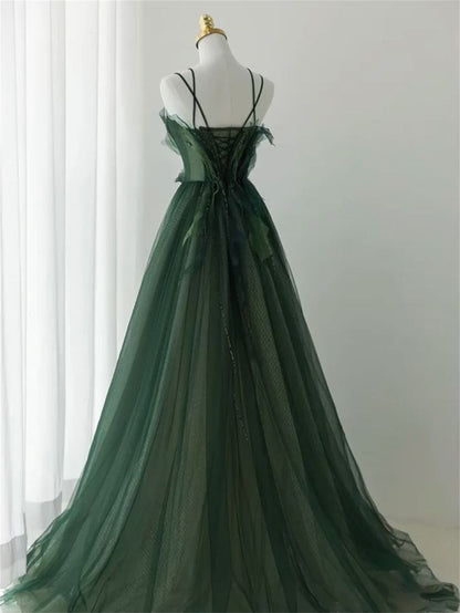 Forest Style Emerald Green Beading Tulle Dress, Prom Dress Fairy,Prom Gowns Graduation Prom Dresses