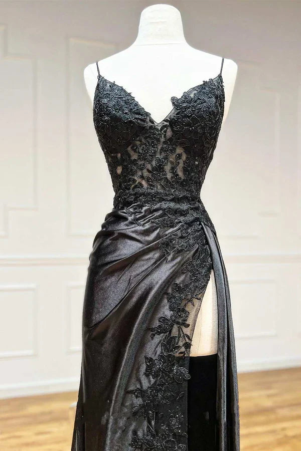 omberprom Fashion Sheath Evening Dress Black Long Prom Dress Appliques